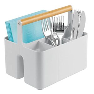 mdesign plastic portable storage organizer kitchen caddy tote, divided bin with wood handle for napkins, silverware, forks, knives, spoons - store in cabinets, countertops - gray/natural
