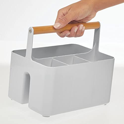 mDesign Plastic Portable Storage Organizer Kitchen Caddy Tote, Divided Bin with Wood Handle for Napkins, Silverware, Forks, Knives, Spoons - Store in Cabinets, Countertops - Gray/Natural