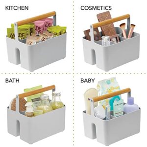 mDesign Plastic Portable Storage Organizer Kitchen Caddy Tote, Divided Bin with Wood Handle for Napkins, Silverware, Forks, Knives, Spoons - Store in Cabinets, Countertops - Gray/Natural