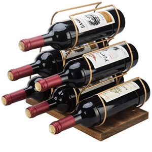 mygift contemporary tabletop wine rack, brass metal wire & burnt wood 6-bottle wine holder