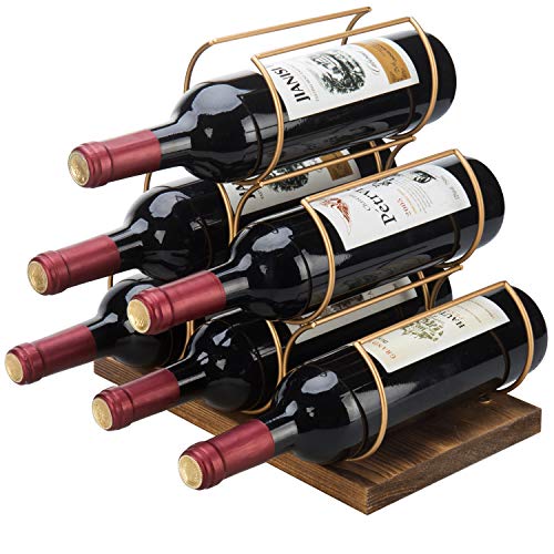 MyGift Contemporary Tabletop Wine Rack, Brass Metal Wire & Burnt Wood 6-Bottle Wine Holder