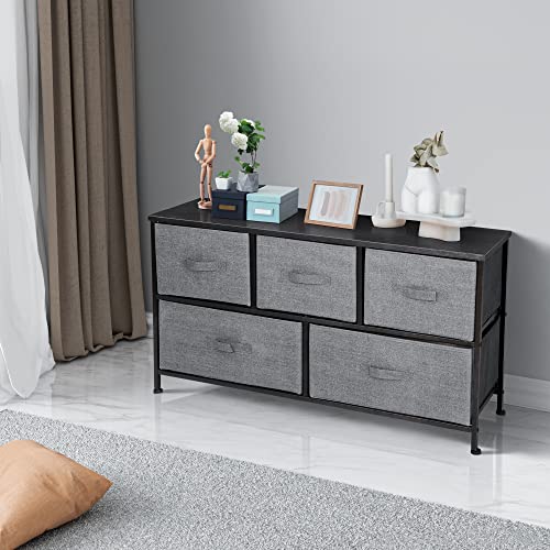 ZENY Extra Wide Dresser Storage Tower - Storage Tower Unit for Bedroom, Hallway, Closet, Office Organization - Steel Frame, Wood Top, Easy Pull Fabric Bins - 5 Drawers