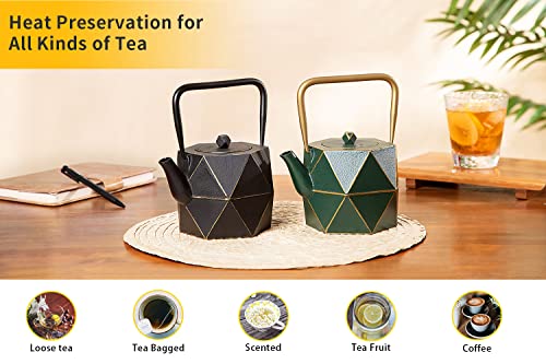 Toptier Cast Iron Teapot, Stovetop Safe Japanese Cast Iron Tea Kettle, Diamond Design Tea Pot with Removable Infuser for Loose Tea, 30 Ounce (900 ml), Dark Green