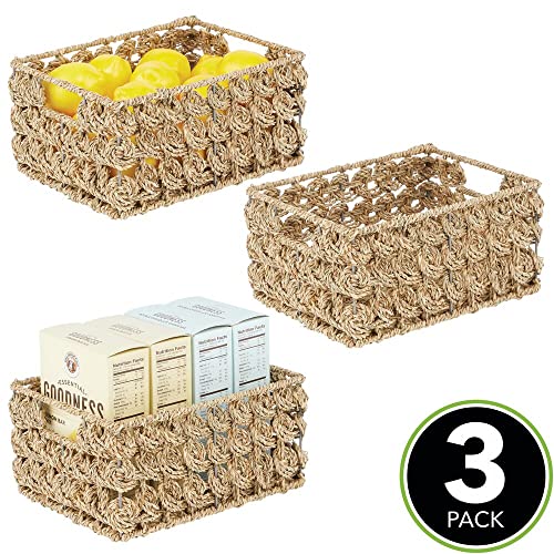 mDesign Seagrass Rose Weave Household Basket with Built-in Handles for Storage in Bedroom, Bathroom, Office - Hold Clothes, Blankets, Linens, Accessories, 3 Pack - Natural/Tan