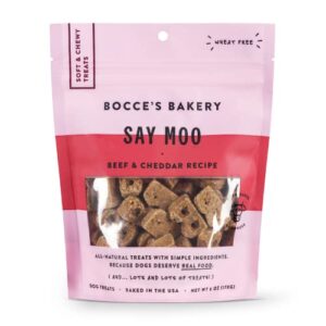 bocce's bakery oven baked say moo treats for dogs, wheat-free everyday dog treats, made with real ingredients, baked in the usa, all-natural soft & chewy cookies, beef & cheddar recipe, 6 oz