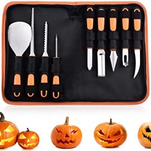 7Felicity Professional Halloween Pumpkin Carving Kit, Anti-Slip Rubber Handle, 9 Piece Stainless Steel Pumpkin Carving Tools Knife Set for Halloween DIY Decoration, with Storage Bag