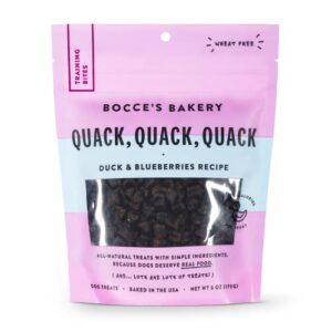 bocce's bakery quack, quack, quack training treats for dogs, wheat-free dog treats, made with real ingredients, baked in the usa, all-natural & low calorie training bites, duck & blueberry, 6 oz
