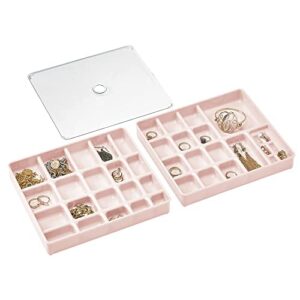 mdesign stackable plastic storage jewelry box - 2 organizer trays with lid for drawer, dresser, vanity - holds necklaces, bracelets, bangles, rings, earrings - 3 pieces - light pink/clear