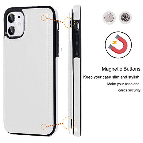 JOYAKI iPhone 11 Wallet Case with Card Holder,Premium PU Leather Kickstand Card Slots Case with a Free Screan Protector,Double Magnetic Clasp and Durable Shockproof Cover for iPhone11(6.1")-White