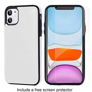 JOYAKI iPhone 11 Wallet Case with Card Holder,Premium PU Leather Kickstand Card Slots Case with a Free Screan Protector,Double Magnetic Clasp and Durable Shockproof Cover for iPhone11(6.1")-White