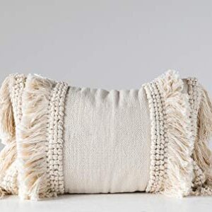 Creative Co-Op Creative Co-Op Cotton and Chenille Woven Lumbar Pillow with Fringe, Cream