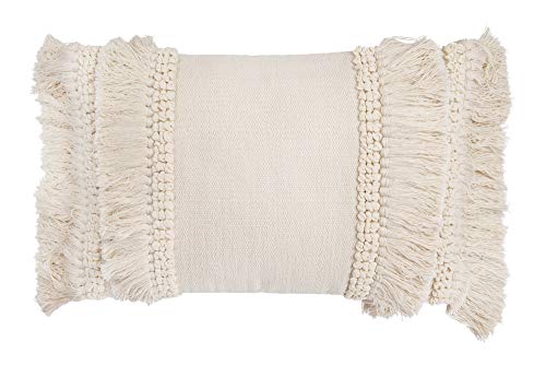 Creative Co-Op Creative Co-Op Cotton and Chenille Woven Lumbar Pillow with Fringe, Cream