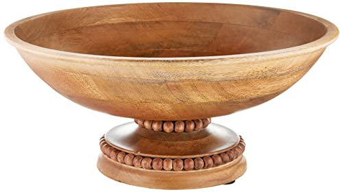 Mud Pie Brown Beaded Wood Pedestal Bowl 6" x 14" dia