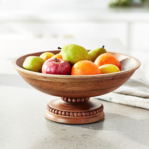 Mud Pie Brown Beaded Wood Pedestal Bowl 6" x 14" dia