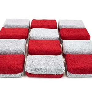 Autofiber Thick [Saver Applicator Terry] Ceramic Coating Applicator Sponge | 12 Pack | with Plastic Barrier to Reduce Product Waste. (Red/Gray)