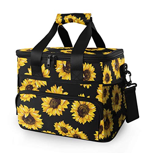 JUMBEAR 15L Leakproof Reusable Insulated Cooler Lunch Bag Office Work Picnic Hiking Beach Lunch Box Organizer with Adjustable Shoulder Strap, Black Sunflower