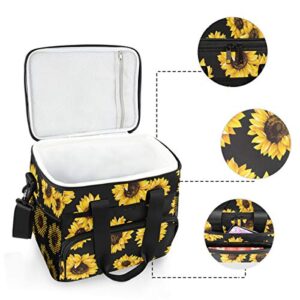 JUMBEAR 15L Leakproof Reusable Insulated Cooler Lunch Bag Office Work Picnic Hiking Beach Lunch Box Organizer with Adjustable Shoulder Strap, Black Sunflower