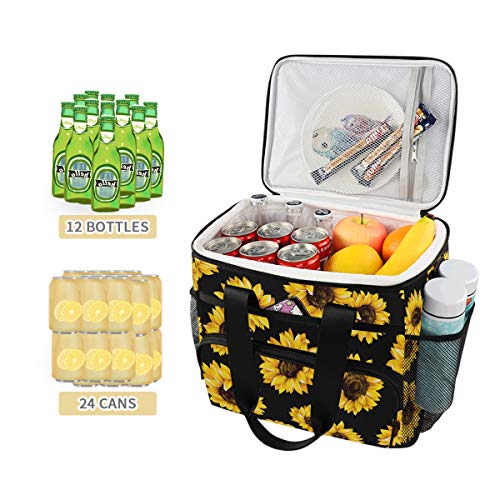 JUMBEAR 15L Leakproof Reusable Insulated Cooler Lunch Bag Office Work Picnic Hiking Beach Lunch Box Organizer with Adjustable Shoulder Strap, Black Sunflower