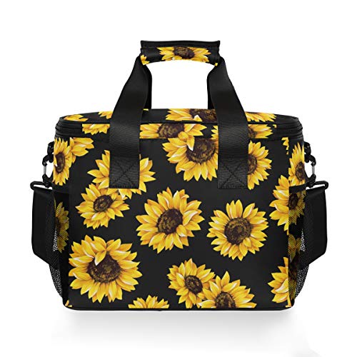 JUMBEAR 15L Leakproof Reusable Insulated Cooler Lunch Bag Office Work Picnic Hiking Beach Lunch Box Organizer with Adjustable Shoulder Strap, Black Sunflower