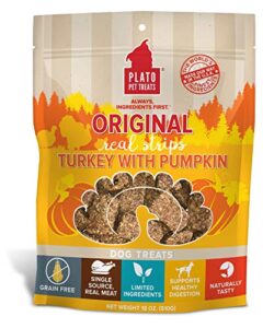 plato turkey real strips natural dog treats - real meat - air dried - made in the usa - turkey & pumpkin, 18 ounces