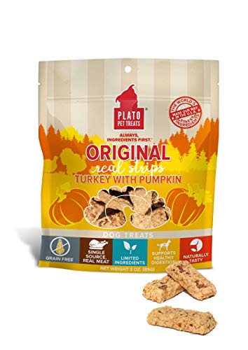 PLATO Turkey Real Strips Natural Dog Treats - Real Meat - Air Dried - Made in the USA - Turkey & Pumpkin, 18 ounces