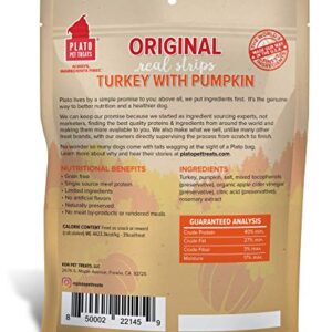 PLATO Turkey Real Strips Natural Dog Treats - Real Meat - Air Dried - Made in the USA - Turkey & Pumpkin, 18 ounces