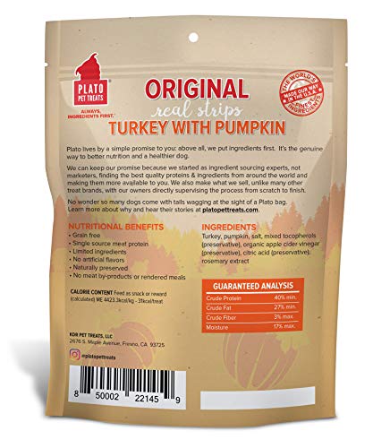 PLATO Turkey Real Strips Natural Dog Treats - Real Meat - Air Dried - Made in the USA - Turkey & Pumpkin, 18 ounces