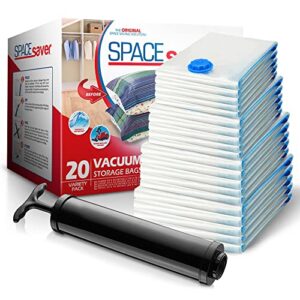 spacesaver vacuum storage bags (variety 20 pack) save 80% on clothes storage space - vacuum sealer bags for comforters, blankets, bedding, clothing - compression seal for closet storage. pump for travel.