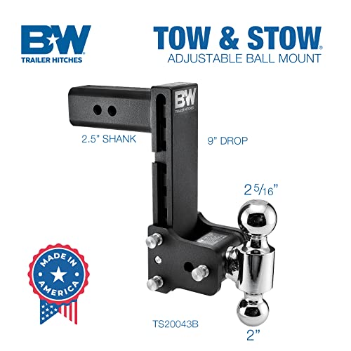 B&W Trailer Hitches Tow & Stow Adjustable Trailer Hitch Ball Mount - Fits 2.5" Receiver, Dual Ball (2" x 2-5/16"), 8.5" Drop, 14,500 GTW - TS20043B