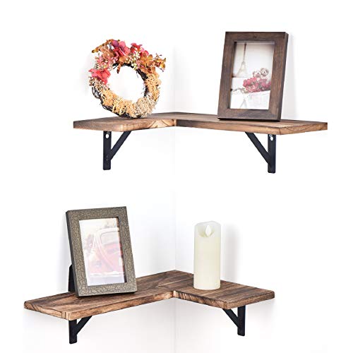 Olakee Corner Wall Shelves Rustic Wood Corner Floating Shelves for Bedroom Living Room Bathroom Kitchen Set of 2 Carbonized Black