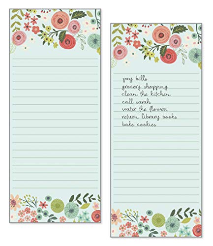 Set of 2- Teal/Coral Flowers List Pad, Notepad, Shopping List with Attachable Magnet