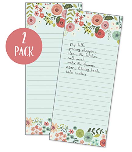 Set of 2- Teal/Coral Flowers List Pad, Notepad, Shopping List with Attachable Magnet