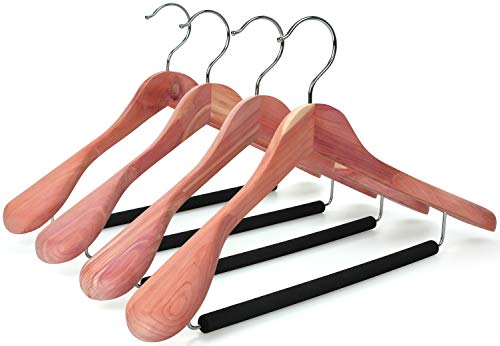 TOPIA HANGER Unfinished American Red Cedar Wood Coat Suit Hangers, Luxury Wooden Jacket Clothes Hangers, Wide Shoulder with Black Padded Pant Bar- 360°Flexible Hook, 4 Pack- Natural- CT07W