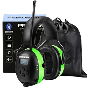 prohear 033 upgraded 5.1 bluetooth hearing protection am fm radio headphones, noise reduction safety earmuffs with rechargeable 2000 mah battery, ear protector for mowing lawn work - green