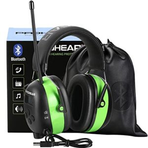 PROHEAR 033 Upgraded 5.1 Bluetooth Hearing Protection AM FM Radio Headphones, Noise Reduction Safety Earmuffs with Rechargeable 2000 mAH Battery, Ear Protector for Mowing Lawn Work - Green