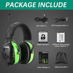 PROHEAR 033 Upgraded 5.1 Bluetooth Hearing Protection AM FM Radio Headphones, Noise Reduction Safety Earmuffs with Rechargeable 2000 mAH Battery, Ear Protector for Mowing Lawn Work - Green