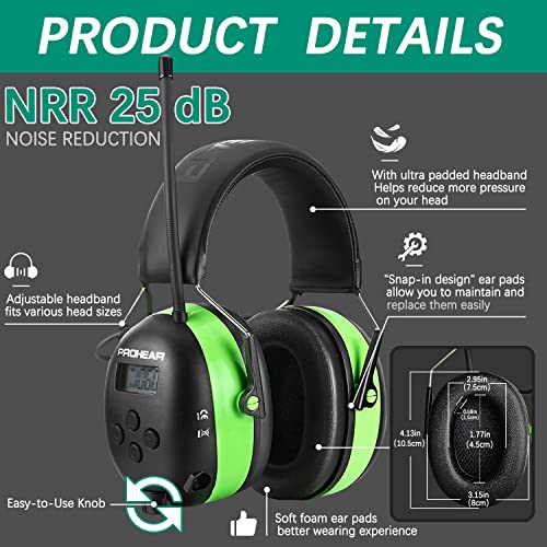 PROHEAR 033 Upgraded 5.1 Bluetooth Hearing Protection AM FM Radio Headphones, Noise Reduction Safety Earmuffs with Rechargeable 2000 mAH Battery, Ear Protector for Mowing Lawn Work - Green