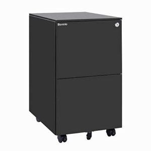 bonnlo black 2 drawer file cabinet with lock, rolling file cabinet for home office, mobile file cabinet under desk office drawers fully extension file cabinet with pencil tray, 15.4"w×17.7"d×26.0"h