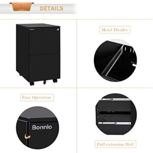 Bonnlo Black 2 Drawer File Cabinet With Lock, Rolling File Cabinet for Home Office, Mobile File Cabinet Under Desk Office Drawers Fully Extension File Cabinet with Pencil Tray, 15.4"W×17.7"D×26.0"H