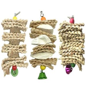 parrot toys chewing bird toy cuttle bone beak grinding cage hanging bell toys for african greys amazon conure eclectus budgies parakeet cockatiel hamster chinchilla rabbit, 3 pack