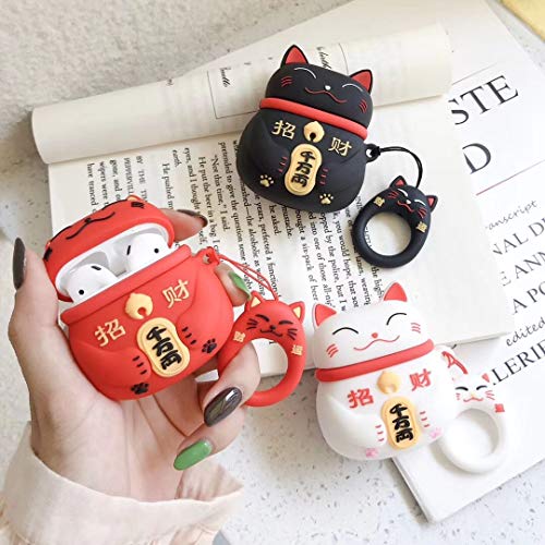 Gtinna 3D Cute Cartoon Lucky Cat Airpods Cover Soft Silicone Rechargeable Airpods Cases,AirPods Case Protective Silicone Cover and Skin for Apple Airpods 1st/2nd Charging Case (White)