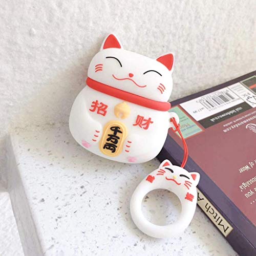 Gtinna 3D Cute Cartoon Lucky Cat Airpods Cover Soft Silicone Rechargeable Airpods Cases,AirPods Case Protective Silicone Cover and Skin for Apple Airpods 1st/2nd Charging Case (White)