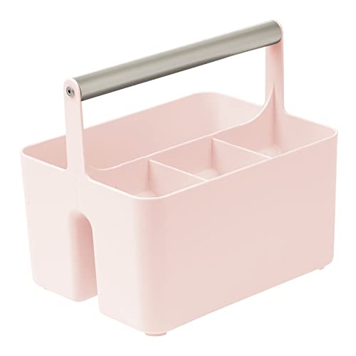 mDesign Plastic Shower Caddy Storage Organizer Utility Tote, Divided Basket Bin - Metal Handle for Bathroom, Dorm, Kitchen, Holds Soap, Shampoo, Conditioner - Aura Collection - Light Pink/Satin