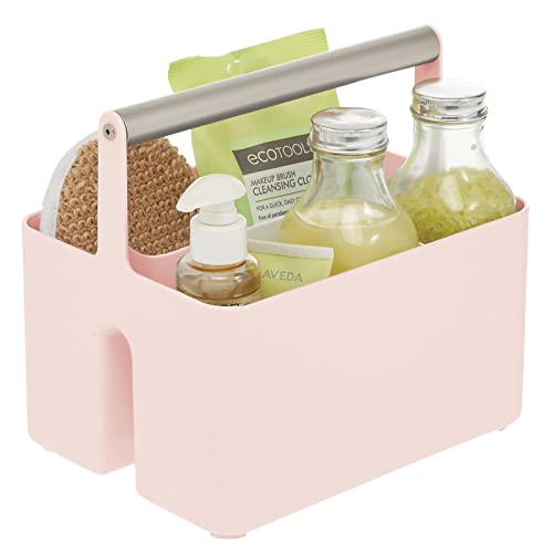 mDesign Plastic Shower Caddy Storage Organizer Utility Tote, Divided Basket Bin - Metal Handle for Bathroom, Dorm, Kitchen, Holds Soap, Shampoo, Conditioner - Aura Collection - Light Pink/Satin