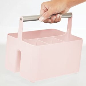 mDesign Plastic Shower Caddy Storage Organizer Utility Tote, Divided Basket Bin - Metal Handle for Bathroom, Dorm, Kitchen, Holds Soap, Shampoo, Conditioner - Aura Collection - Light Pink/Satin