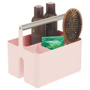 mDesign Plastic Shower Caddy Storage Organizer Utility Tote, Divided Basket Bin - Metal Handle for Bathroom, Dorm, Kitchen, Holds Soap, Shampoo, Conditioner - Aura Collection - Light Pink/Satin