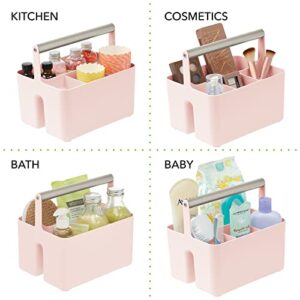 mDesign Plastic Shower Caddy Storage Organizer Utility Tote, Divided Basket Bin - Metal Handle for Bathroom, Dorm, Kitchen, Holds Soap, Shampoo, Conditioner - Aura Collection - Light Pink/Satin