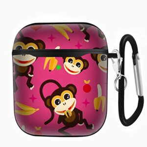 Slim Form Fitted Printing Pattern Cover Case with Carabiner Compatible with Airpods 1 and AirPods 2 / Adorable Kids Monkey and Banana Illustration