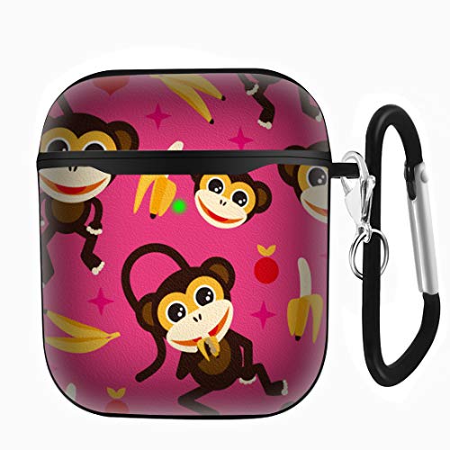 Slim Form Fitted Printing Pattern Cover Case with Carabiner Compatible with Airpods 1 and AirPods 2 / Adorable Kids Monkey and Banana Illustration