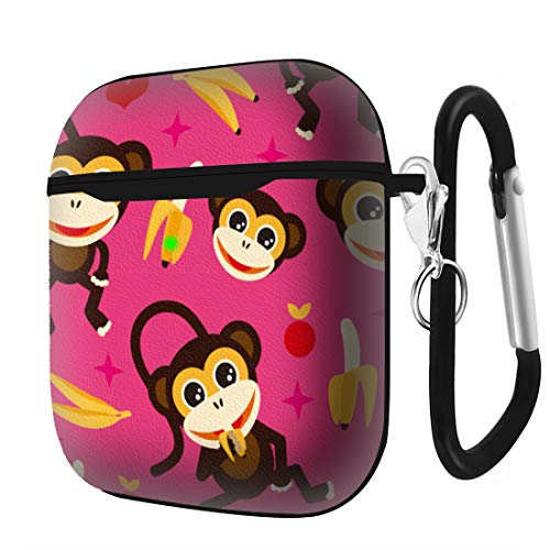 Slim Form Fitted Printing Pattern Cover Case with Carabiner Compatible with Airpods 1 and AirPods 2 / Adorable Kids Monkey and Banana Illustration